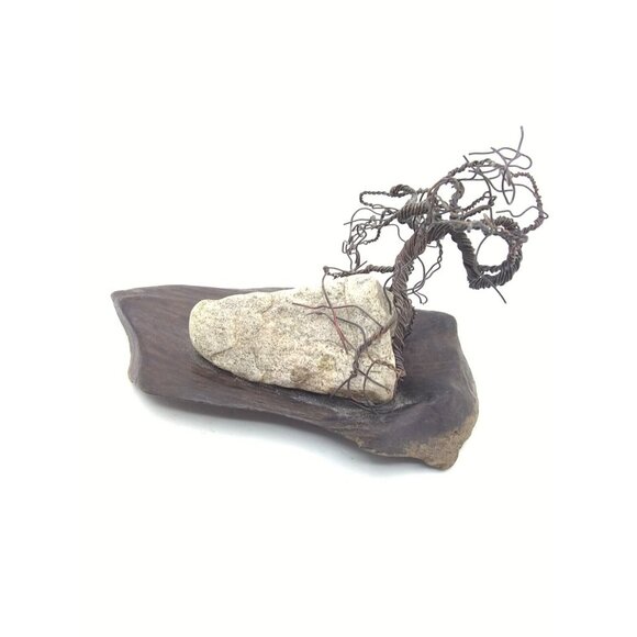Handmade brutalist abstract modernist Metal Bonsai tree on rock & wood Artwork - Picture 2 of 11